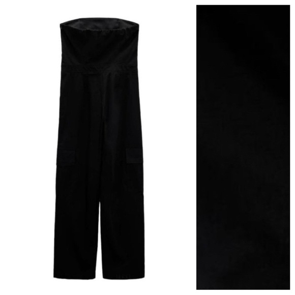NWT . Zara Black Cotton Cargo Strapless Long Jumpsuit. Size S. - Picture 4 of 9
